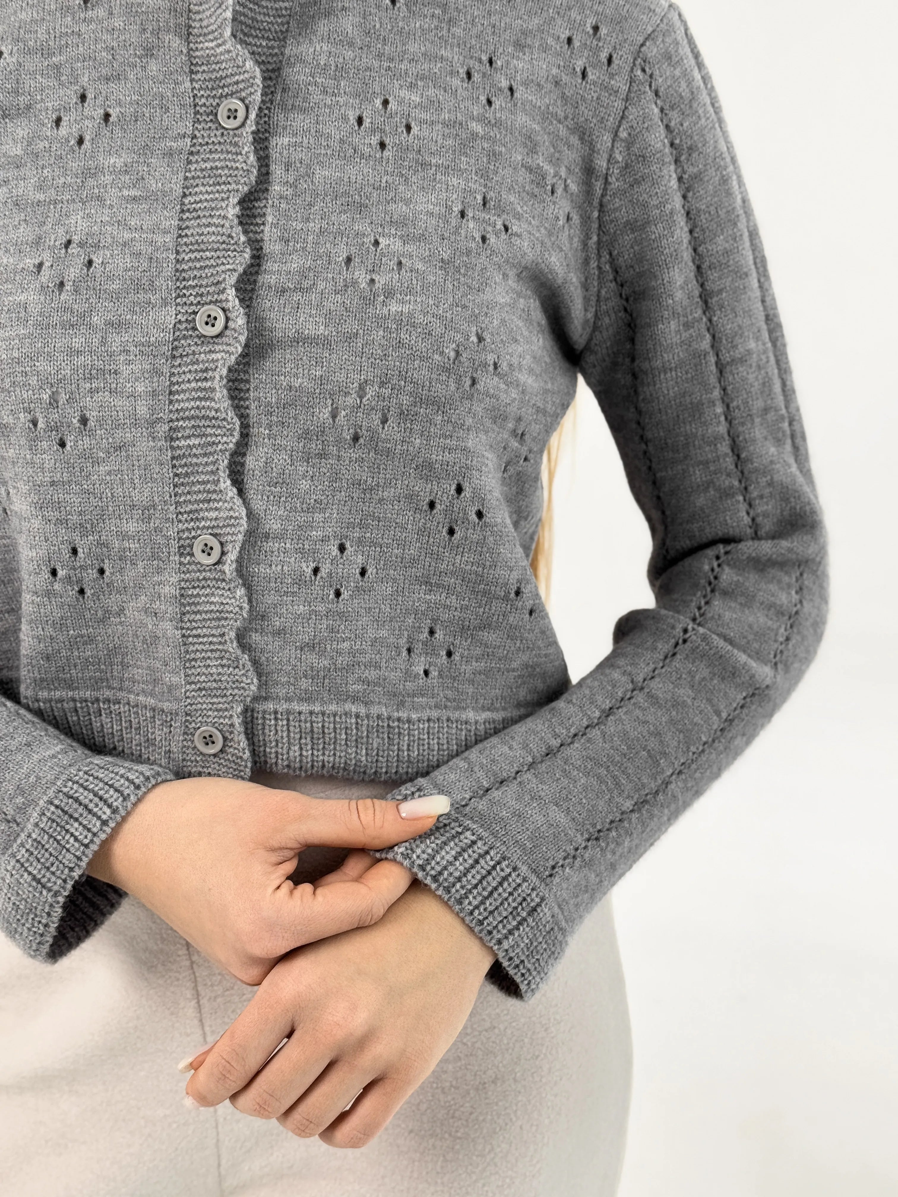 Soft cropped openwork cardigan gray