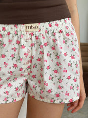 Satin shorts, pink rose flowers on ivory
