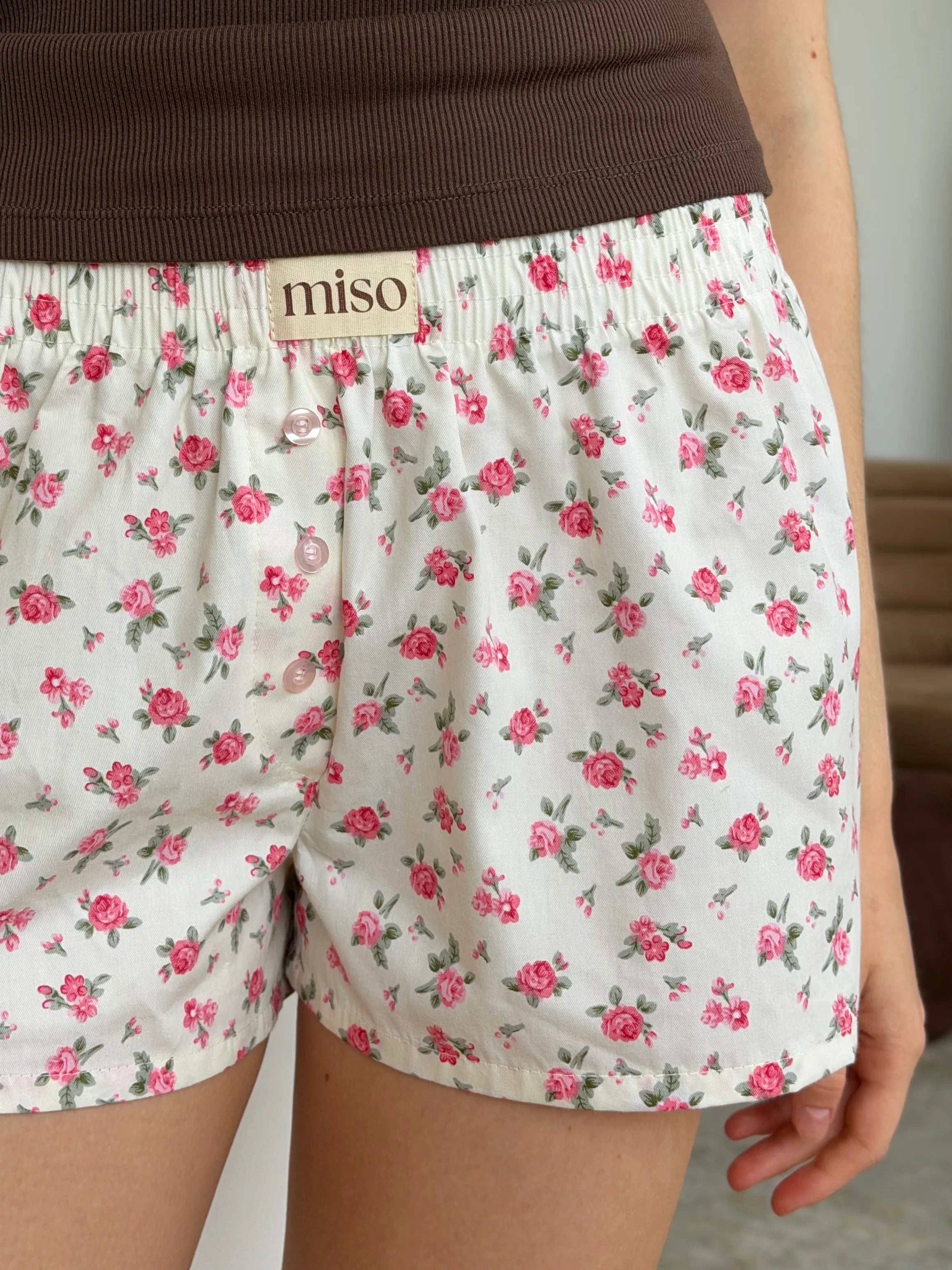 Satin shorts, pink rose flowers on ivory