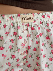 Satin shorts, pink rose flowers on ivory