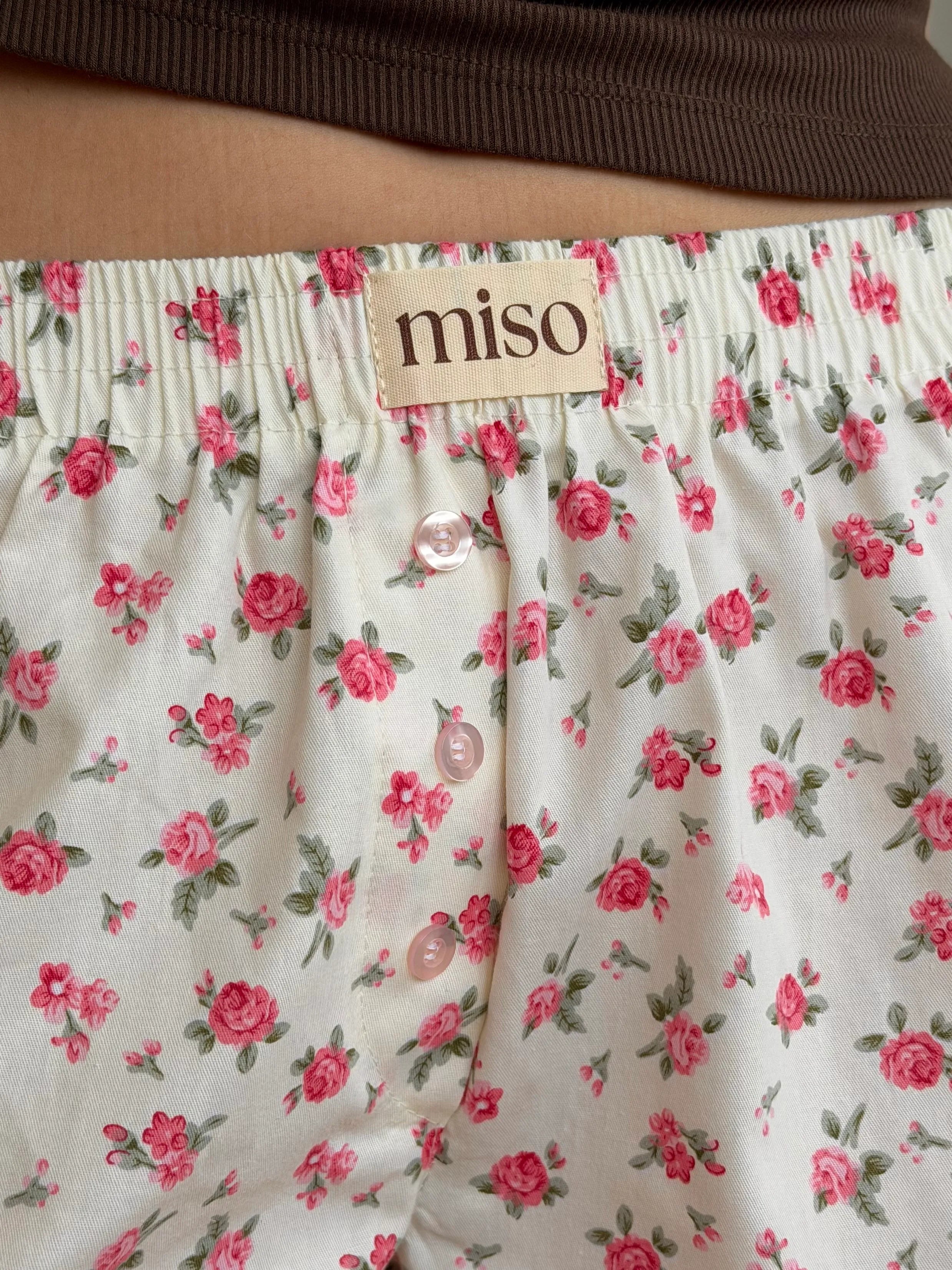 Satin shorts, pink rose flowers on ivory