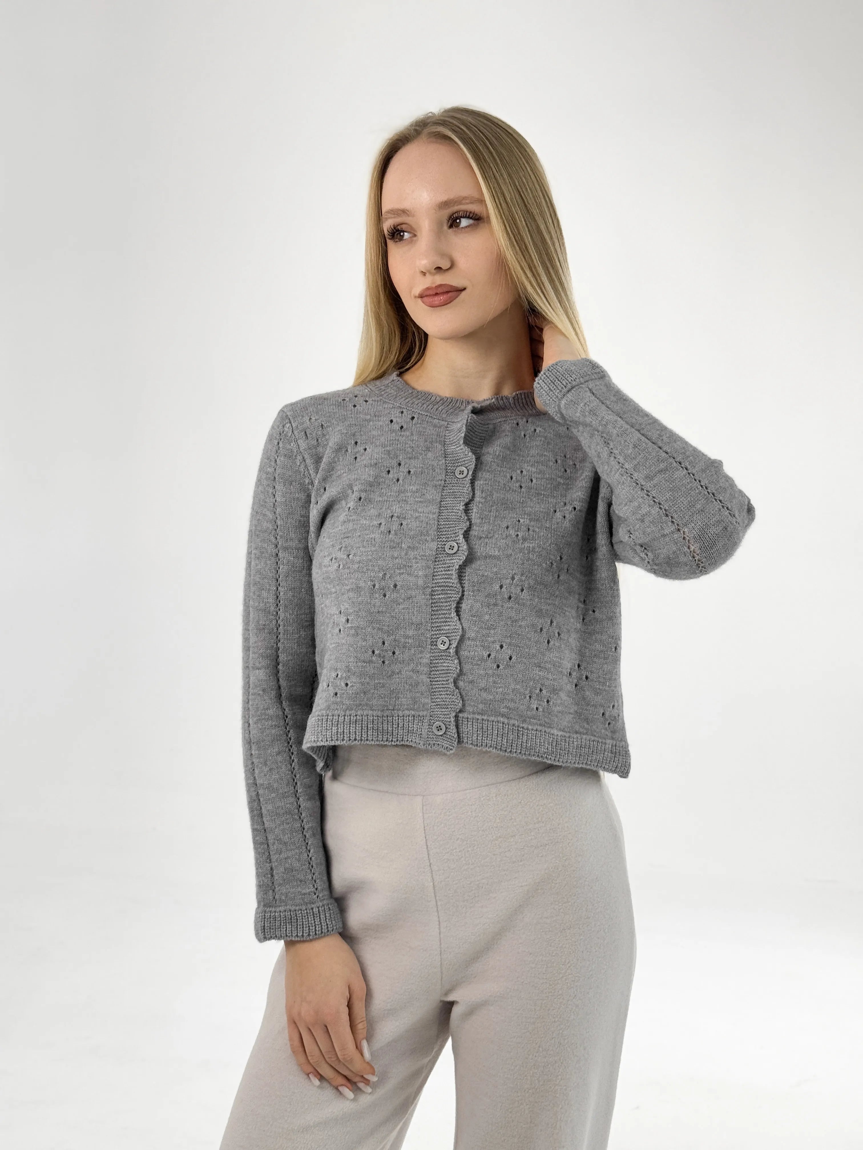 Soft cropped openwork cardigan gray