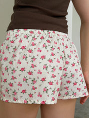 Satin shorts, pink rose flowers on ivory