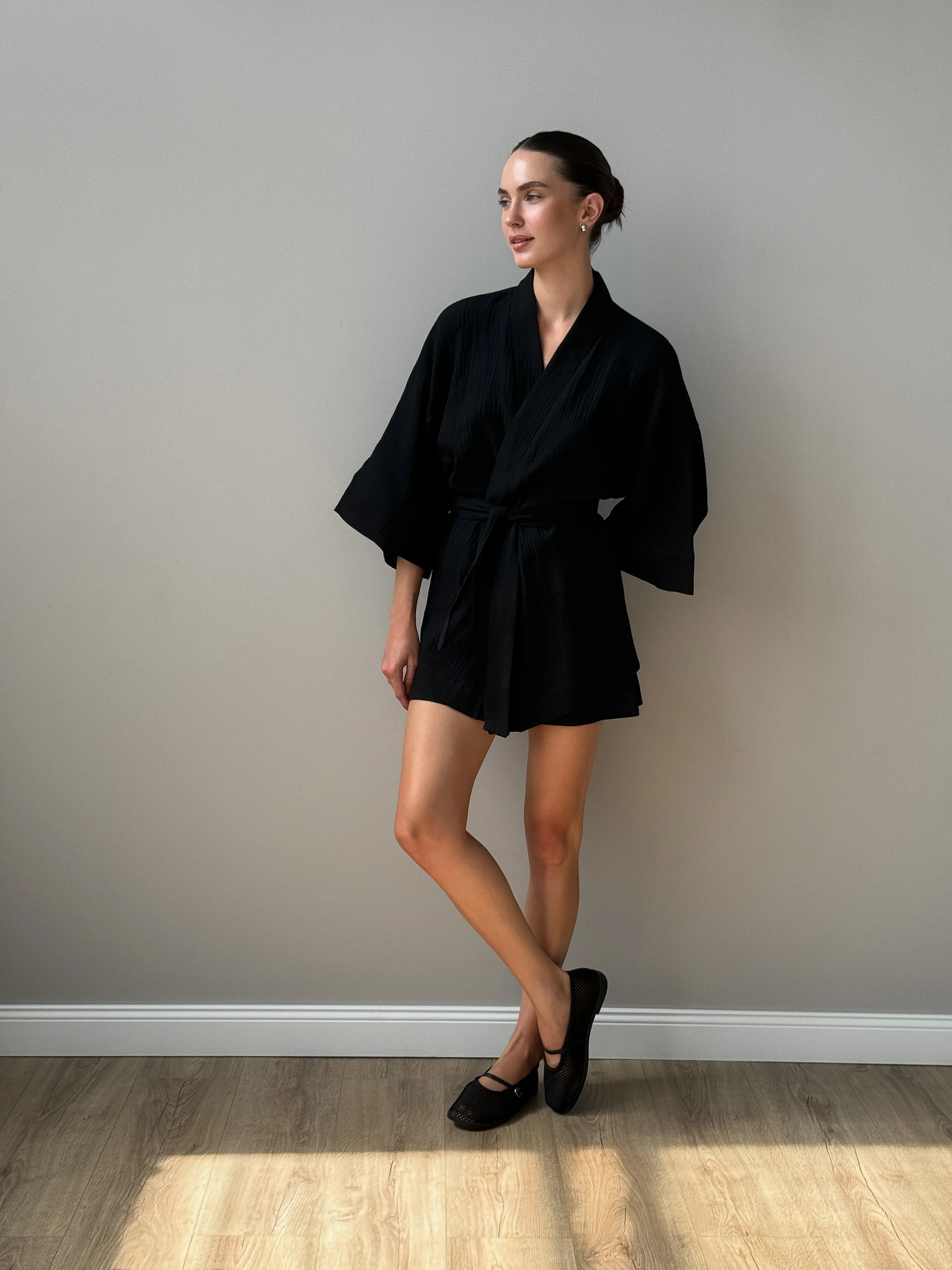Muslin set 2-layer kimono+shorts black