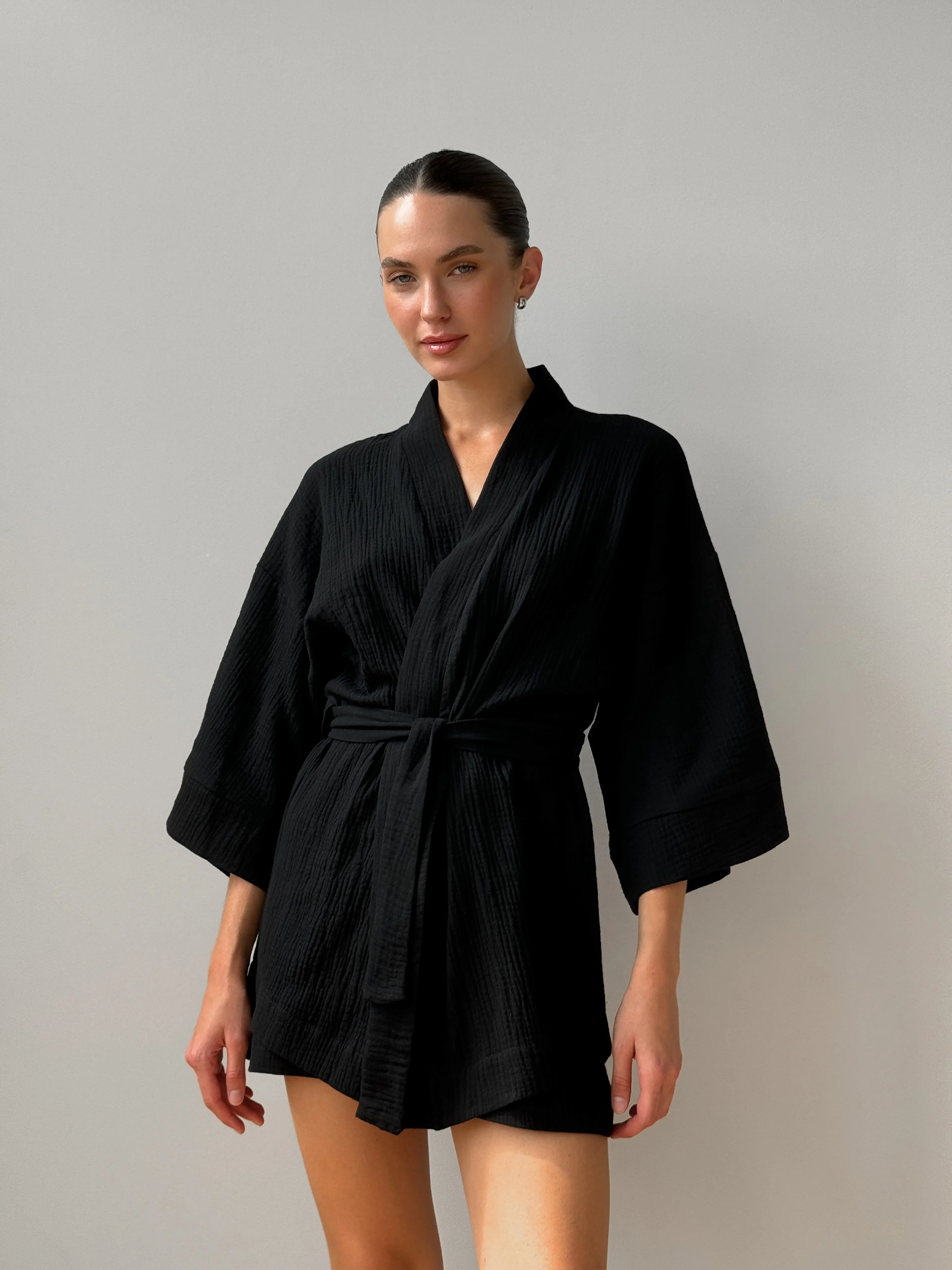 Muslin set 2-layer kimono+shorts black