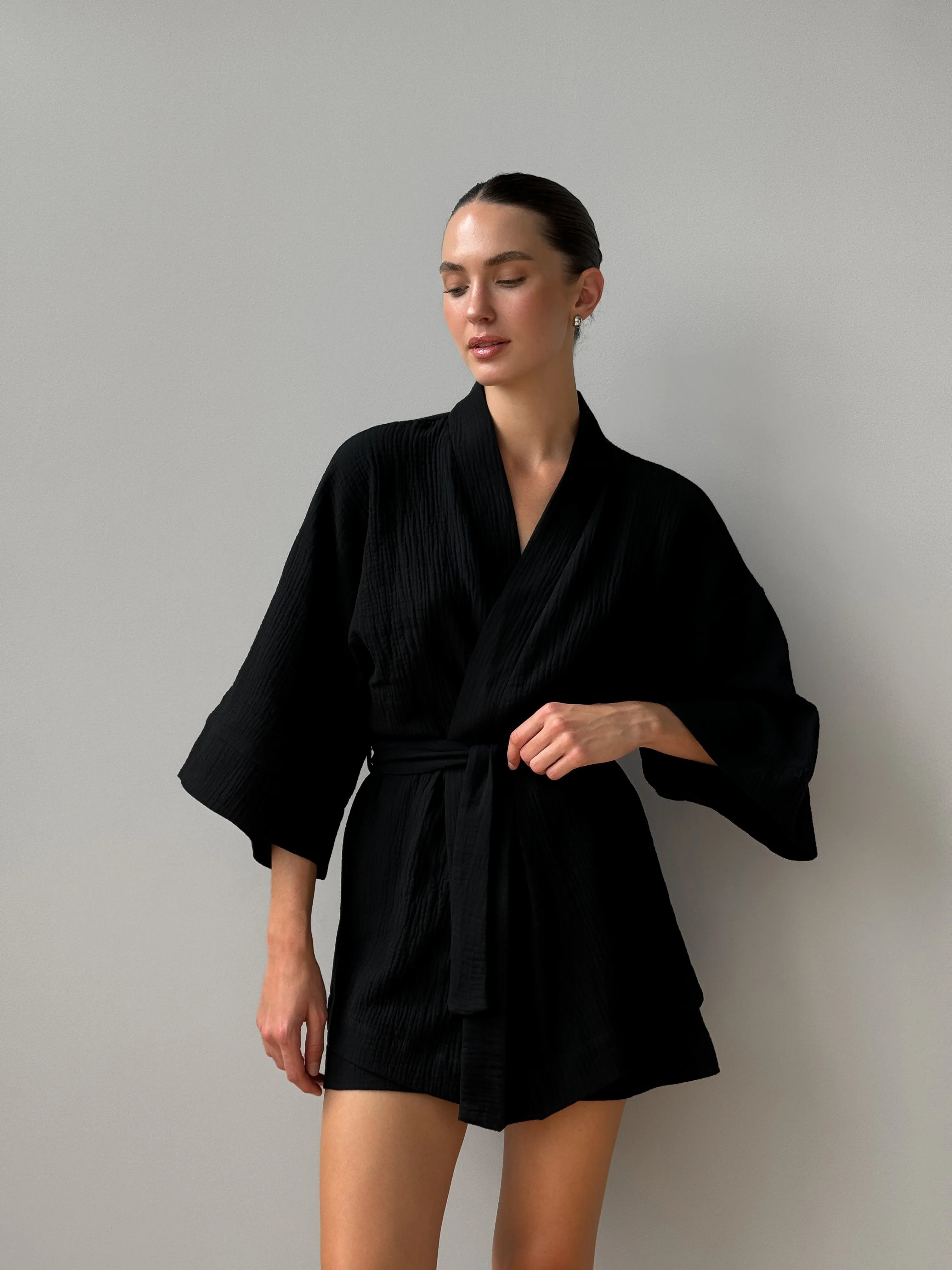 Muslin set 2-layer kimono+shorts black
