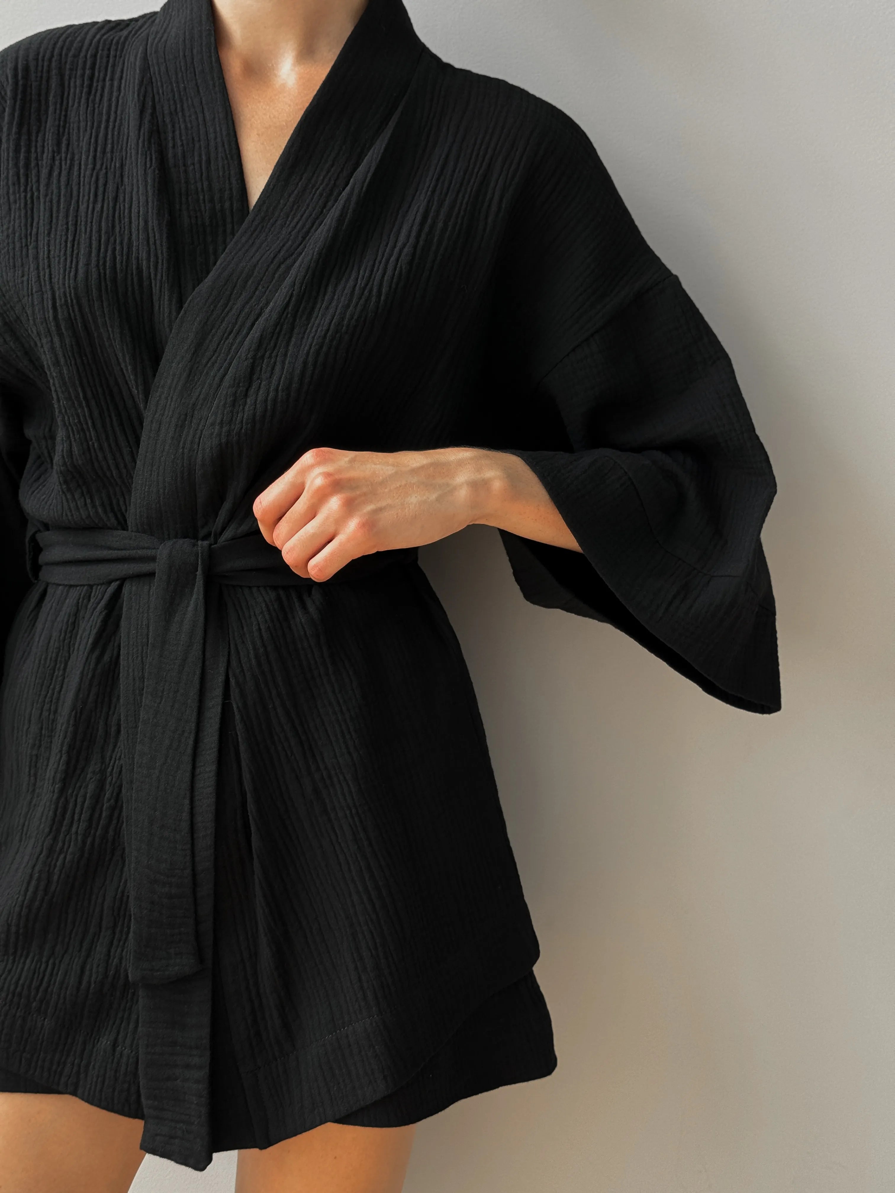 Muslin set 2-layer kimono+shorts black