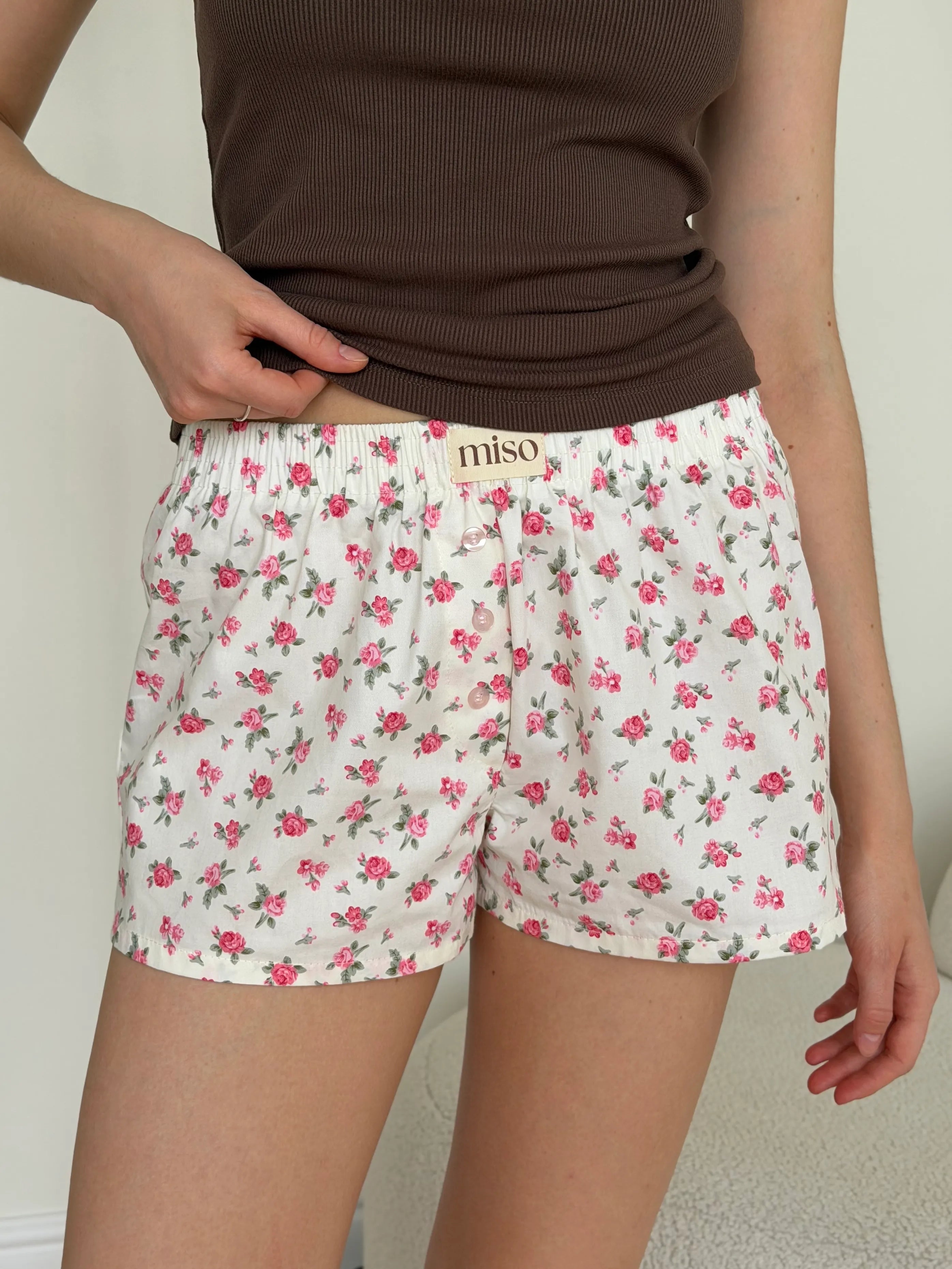 Satin shorts, pink rose flowers on ivory