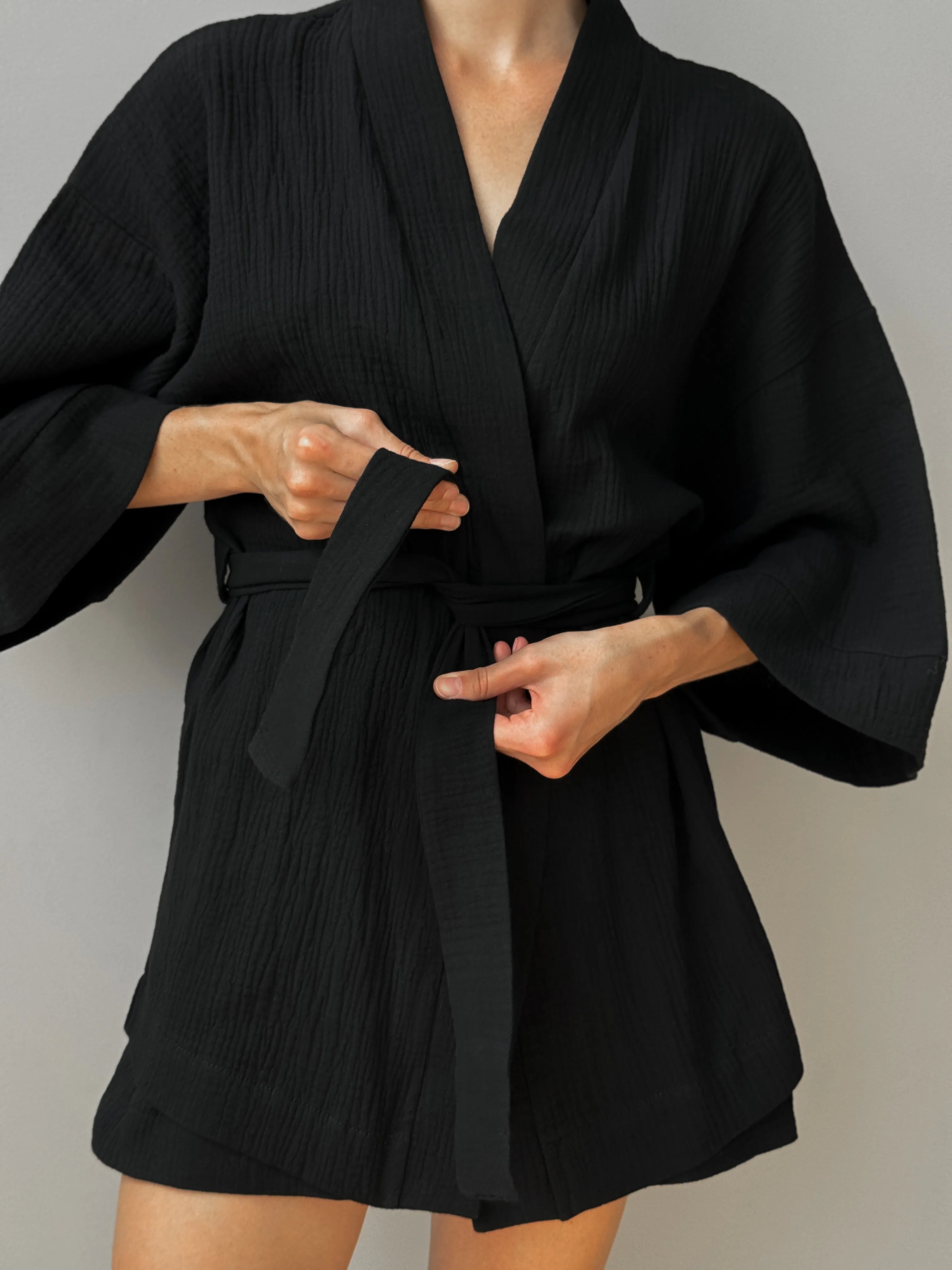 Muslin set 2-layer kimono+shorts black