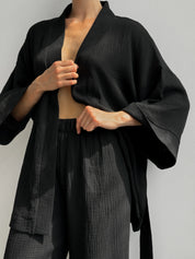 Muslin set 2-layer kimono+pants black