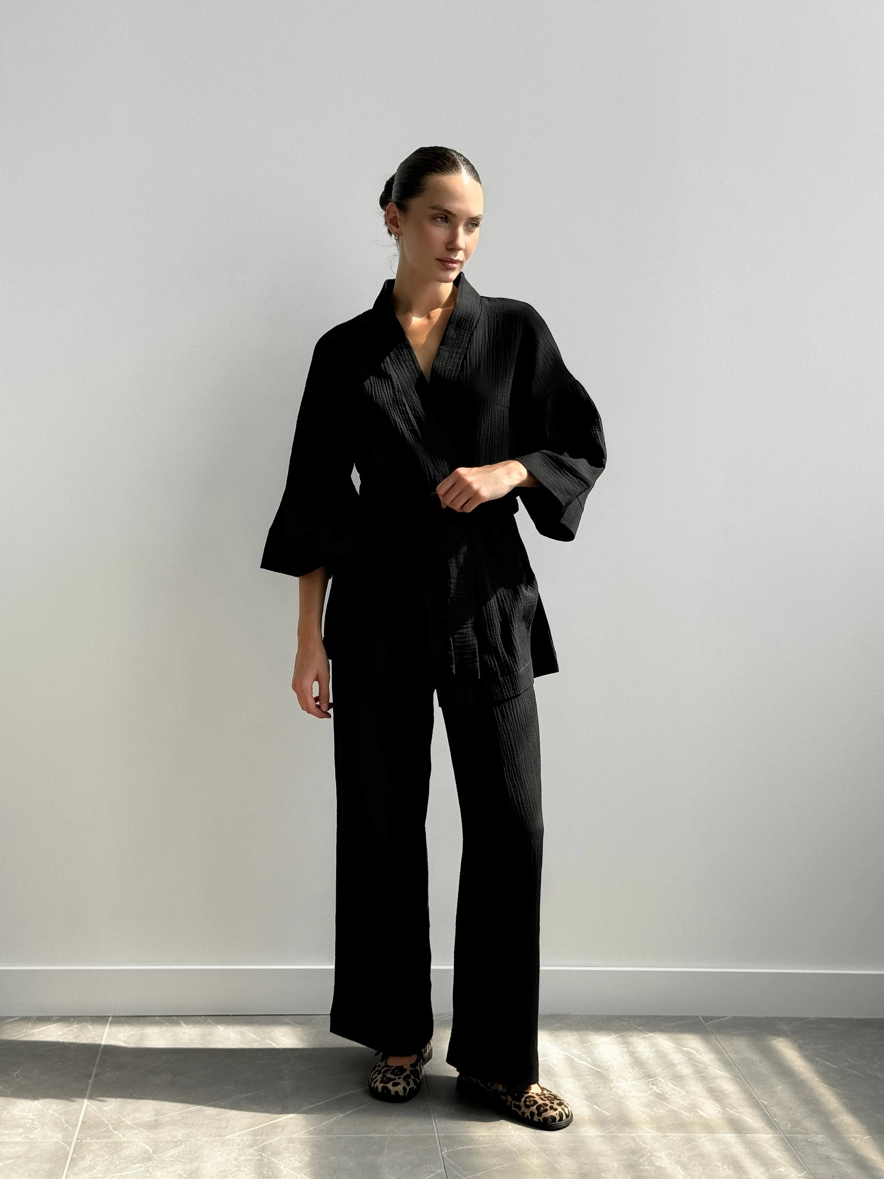 Muslin set 2-layer kimono+pants black