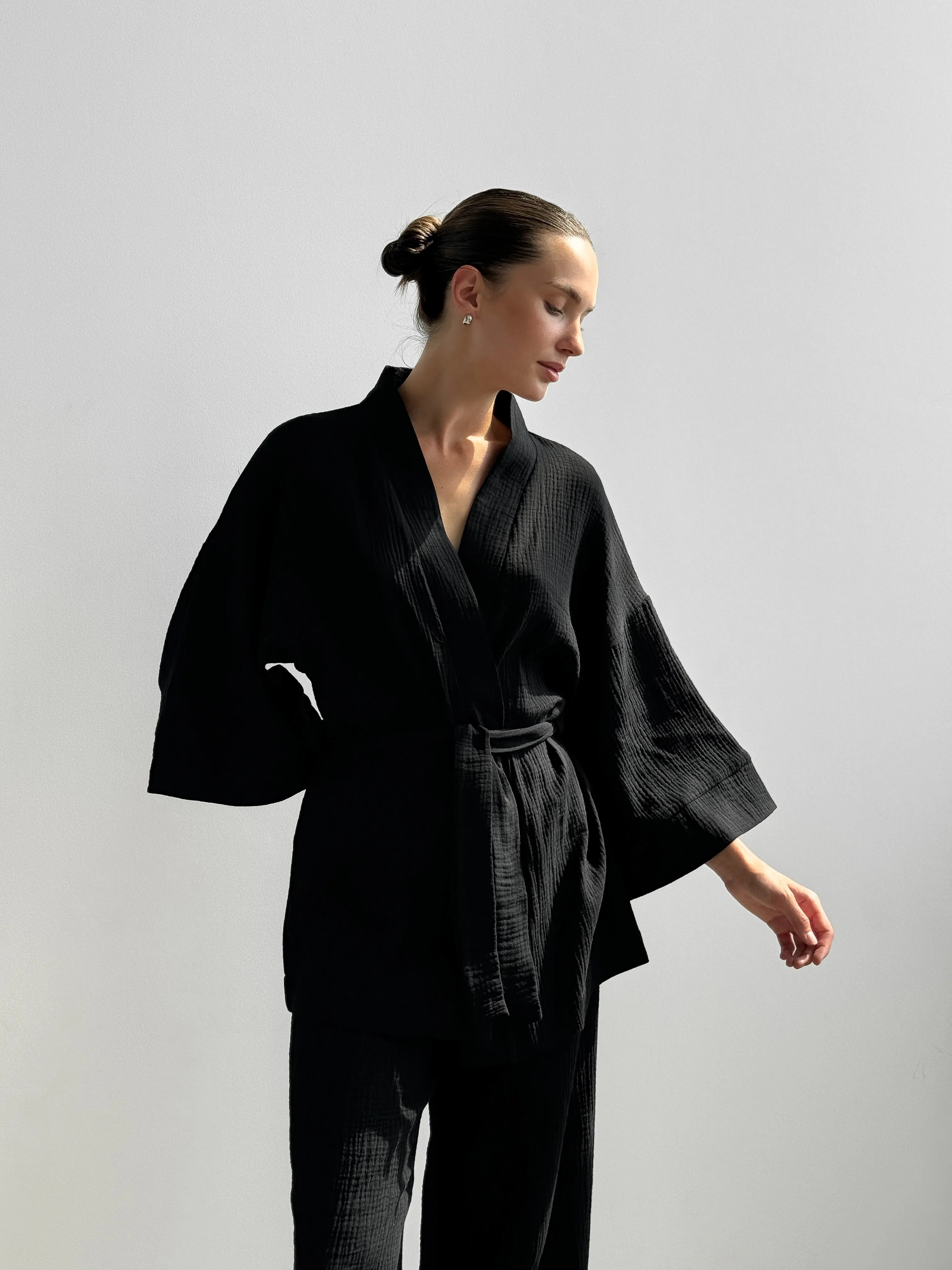 Muslin set 2-layer kimono+pants black