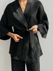 Muslin set 2-layer kimono+pants black