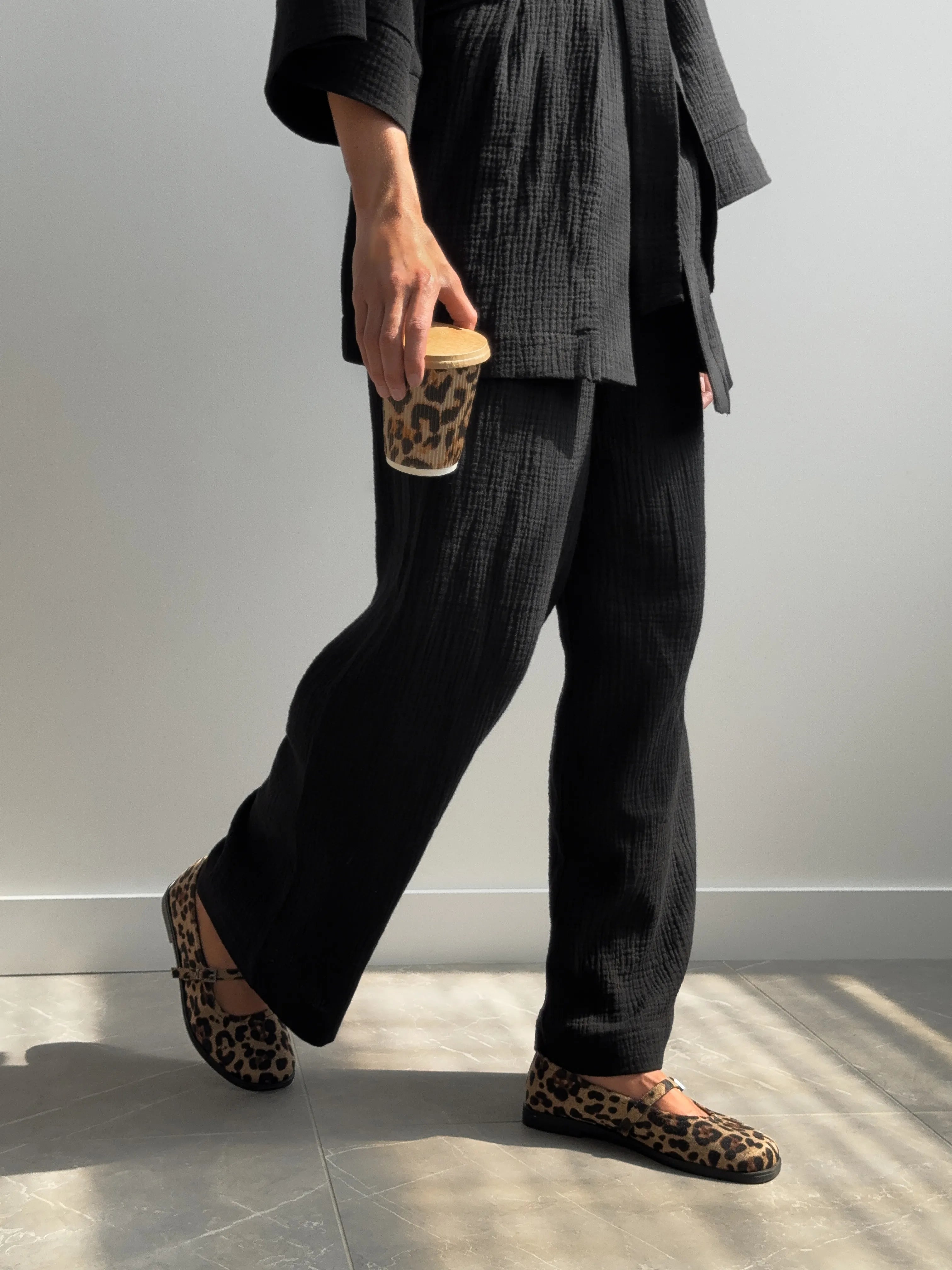 Muslin set 2-layer kimono+pants black
