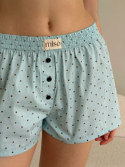 Satin shorts, small black polka dots on blue