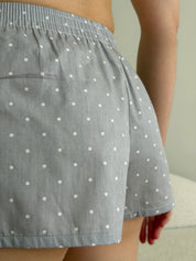 Satin shorts, small polka dots, white on gray