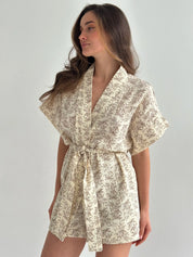 Muslin Kimono and Shorts Suit "Brown Wildflowers" on Ivory