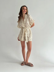Muslin Kimono and Shorts Suit "Brown Wildflowers" on Ivory