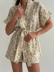 Muslin Kimono and Shorts Suit "Brown Wildflowers" on Ivory