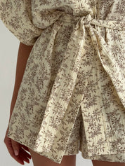 Muslin Kimono and Shorts Suit "Brown Wildflowers" on Ivory
