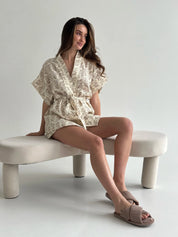 Muslin Kimono and Shorts Suit "Brown Wildflowers" on Ivory