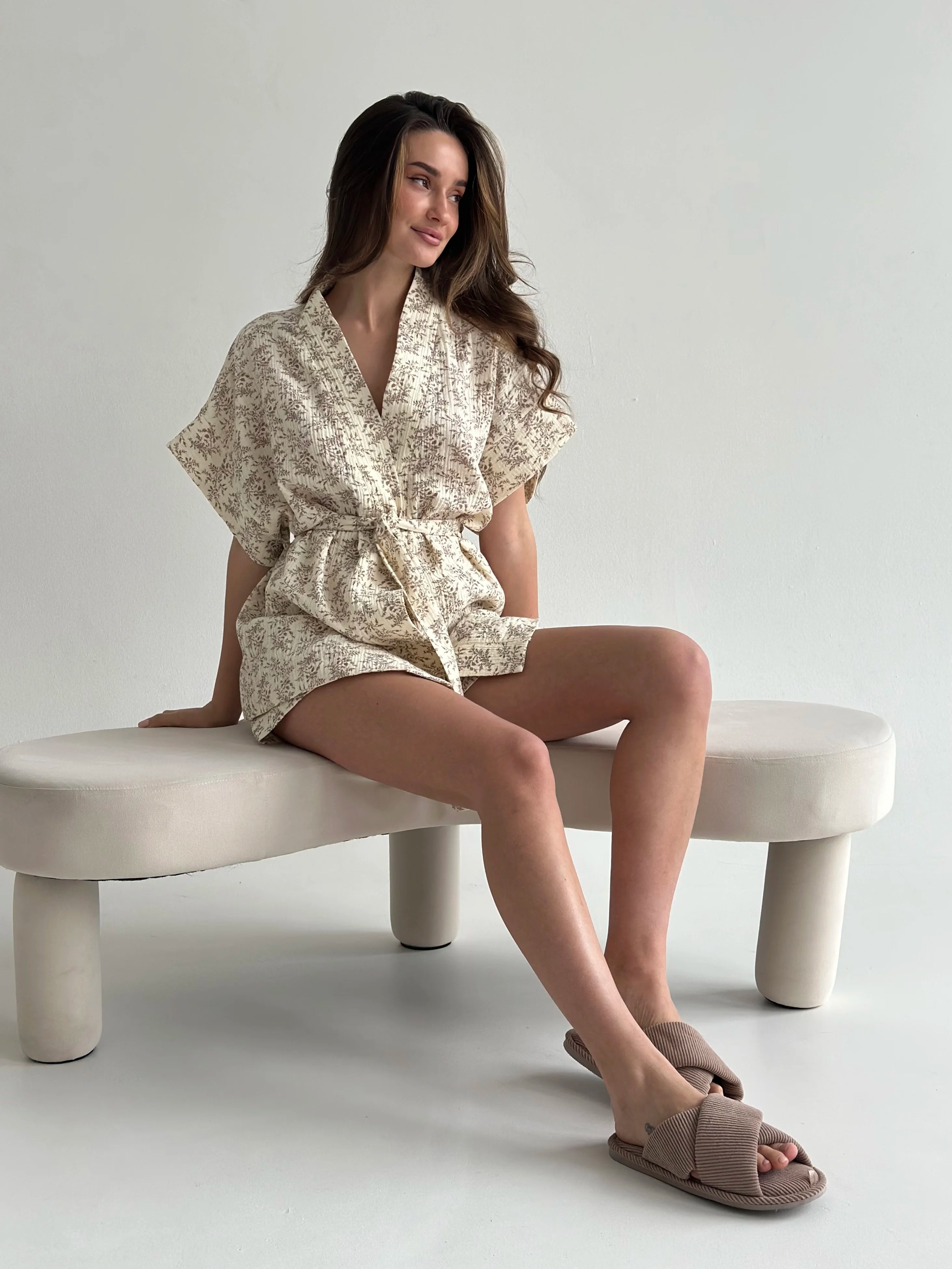 Muslin Kimono and Shorts Suit "Brown Wildflowers" on Ivory