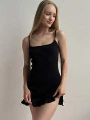 Ribbed sleep dress with ruffles black