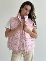 Quilted puffy vest pink with flower onesize