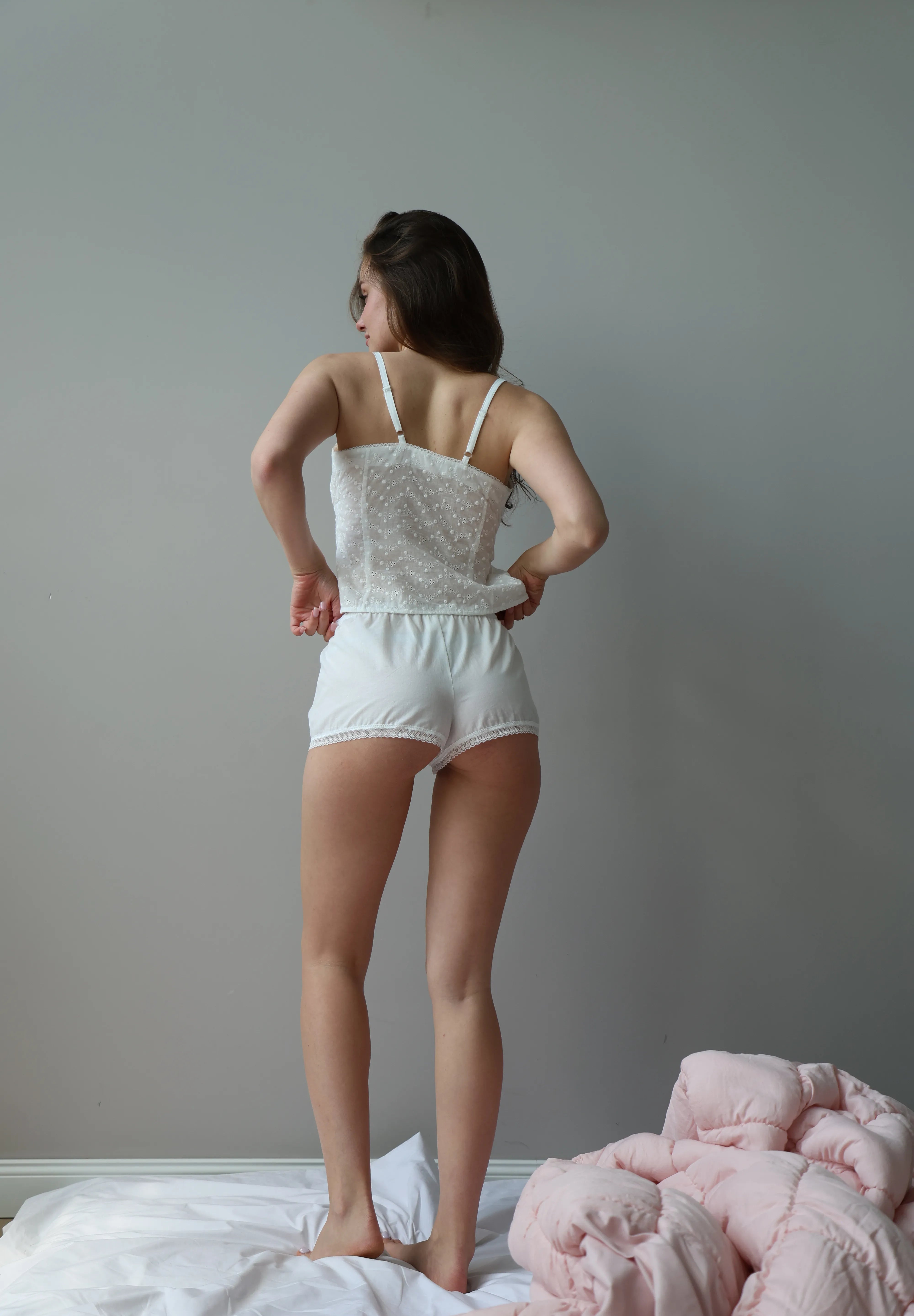Mono shorts with lace cambric plain milky