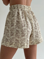Muslin Kimono and Shorts Suit "Brown Wildflowers" on Ivory