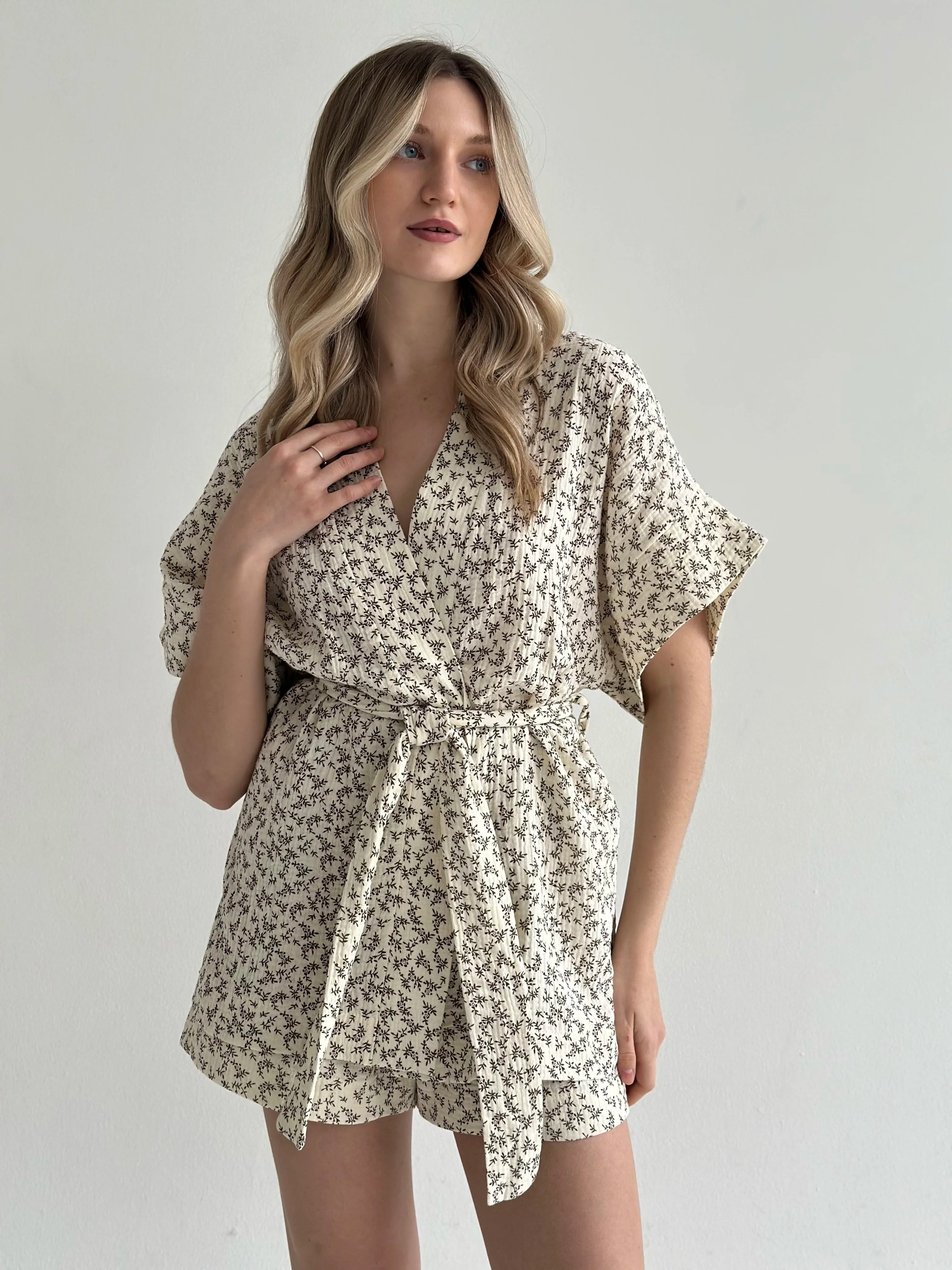 Muslin Kimono and Shorts Suit "Dark Brown Twigs" on Ivory