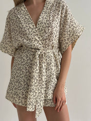 Muslin Kimono and Shorts Suit "Dark Brown Twigs" on Ivory