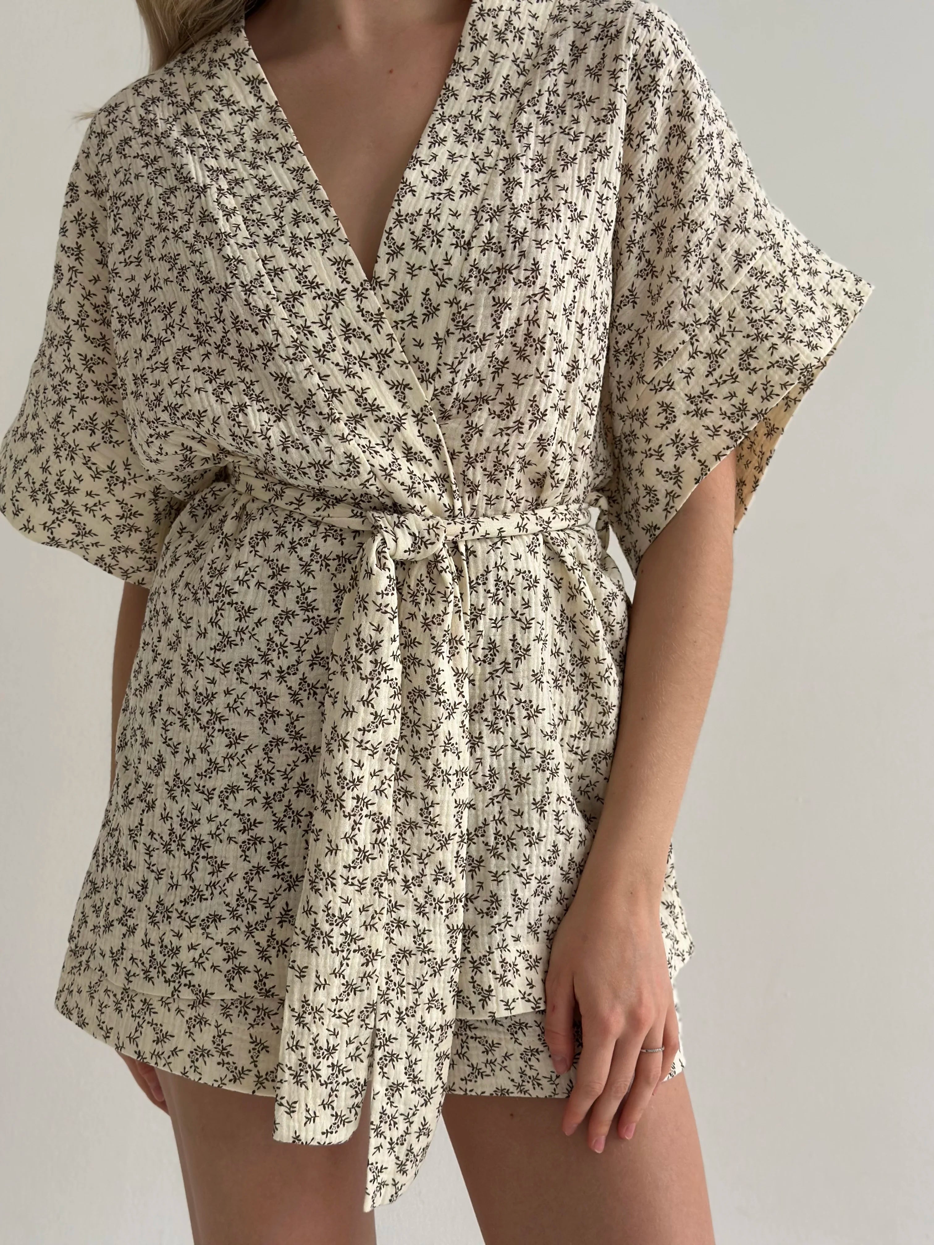 Muslin Kimono and Shorts Suit "Dark Brown Twigs" on Ivory