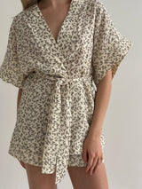 Muslin Kimono and Shorts Suit "Dark Brown Twigs" on Ivory