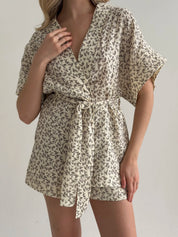 Muslin Kimono and Shorts Suit "Dark Brown Twigs" on Ivory