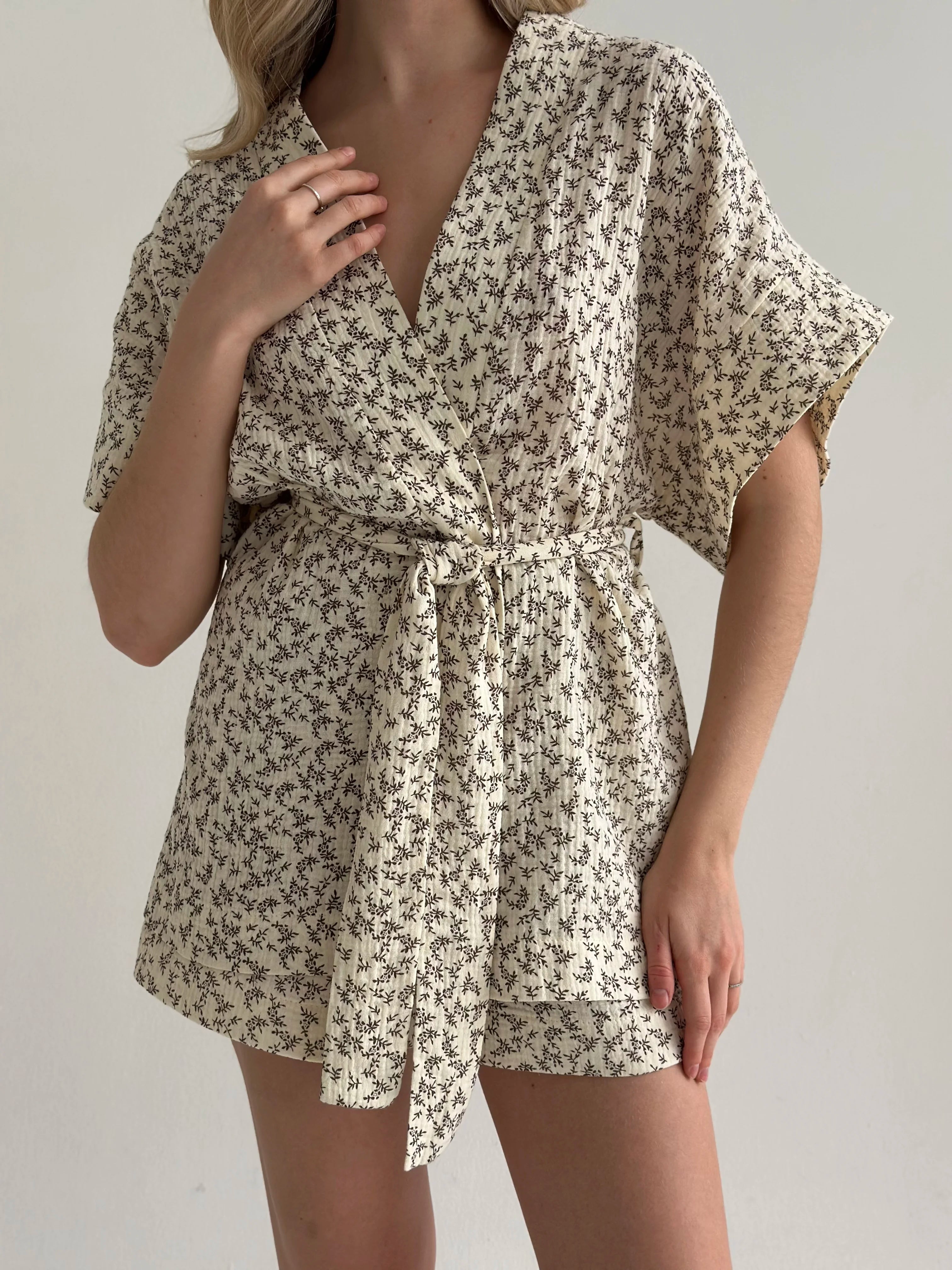 Muslin Kimono and Shorts Suit "Dark Brown Twigs" on Ivory