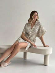 Muslin Kimono and Shorts Suit "Dark Brown Twigs" on Ivory