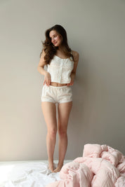 Mono shorts with lace cambric plain milky
