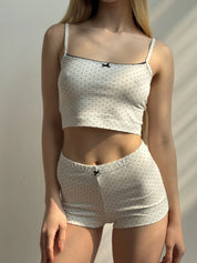 Knitwear set top and shorts polka dots blue on white