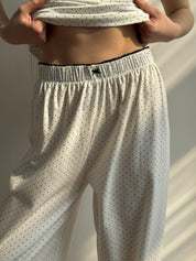 Knitted suit wide pants and polka dot T-shirt in blue on white