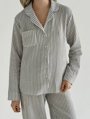 Dark gray striped muslin shirt and pants suit