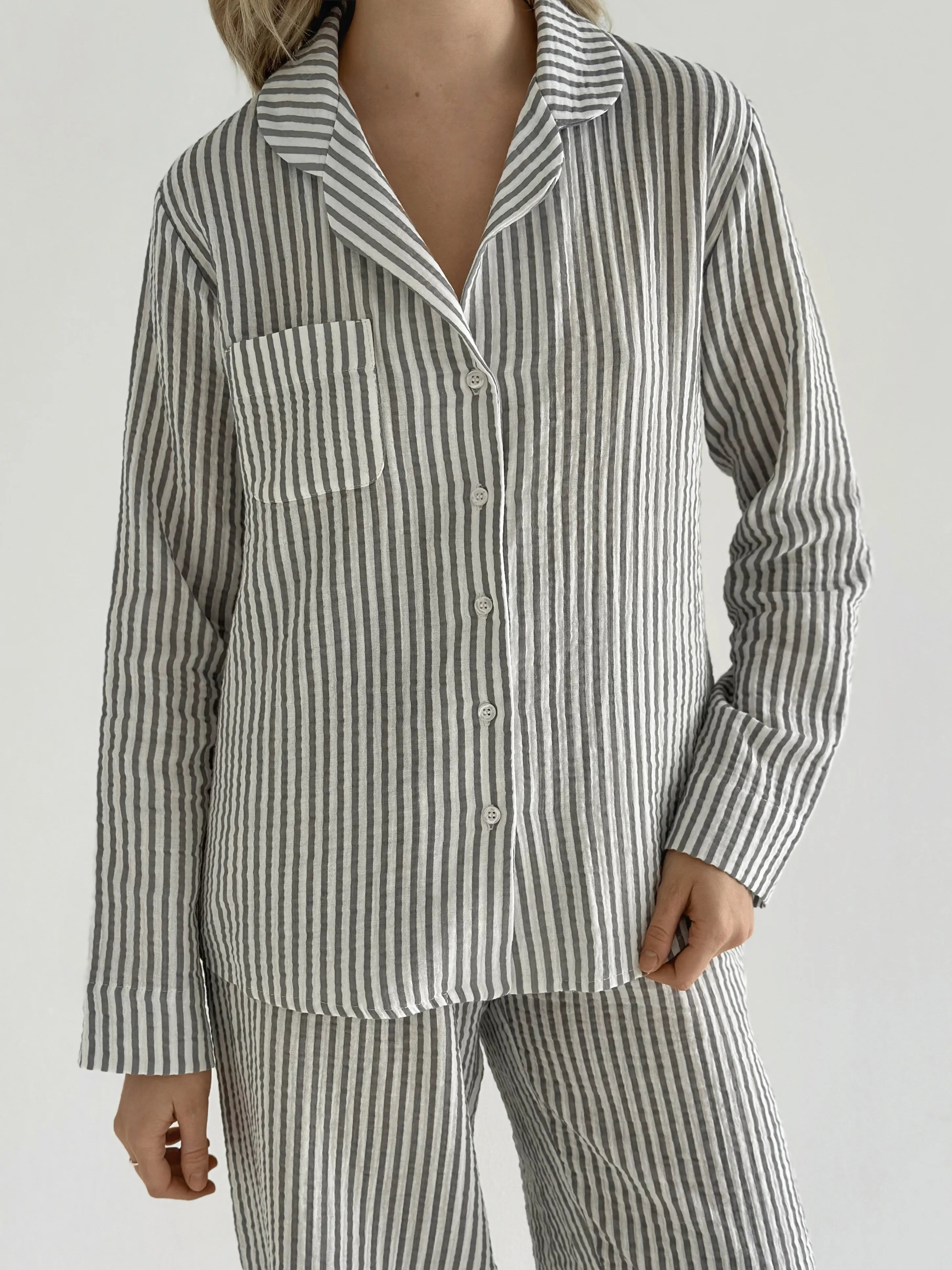 Dark gray striped muslin shirt and pants suit