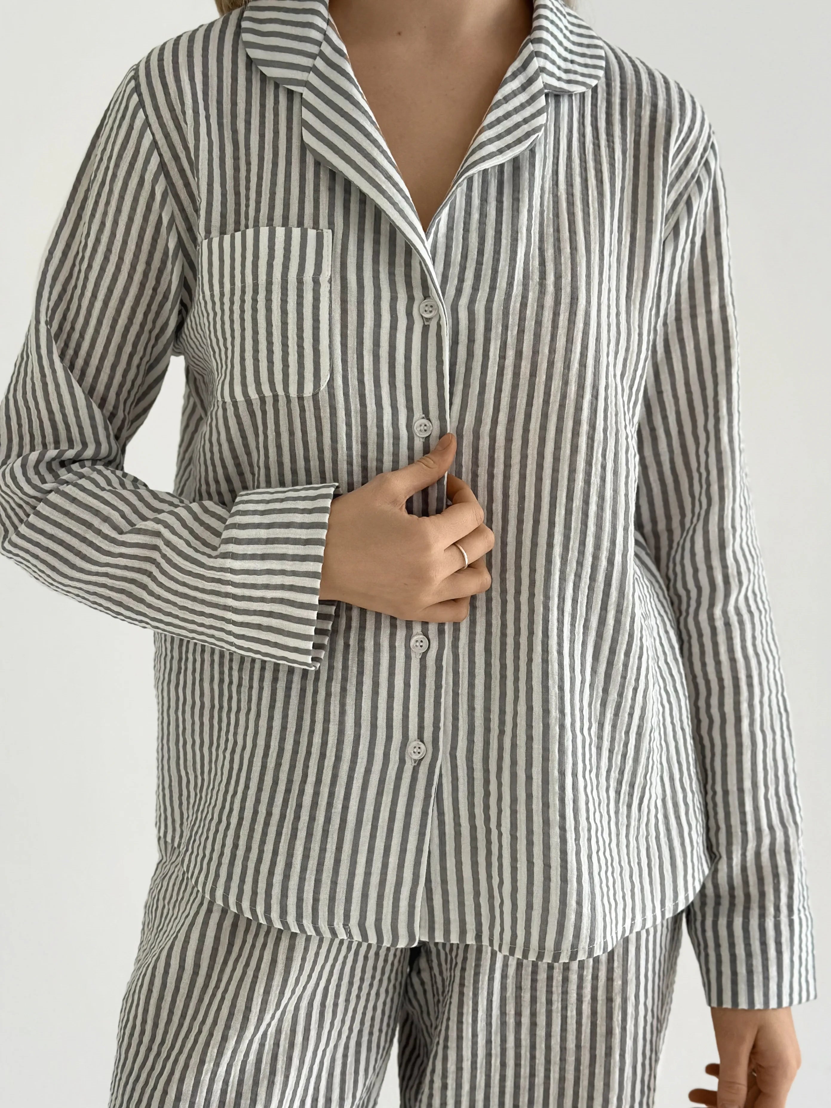 Dark gray striped muslin shirt and pants suit