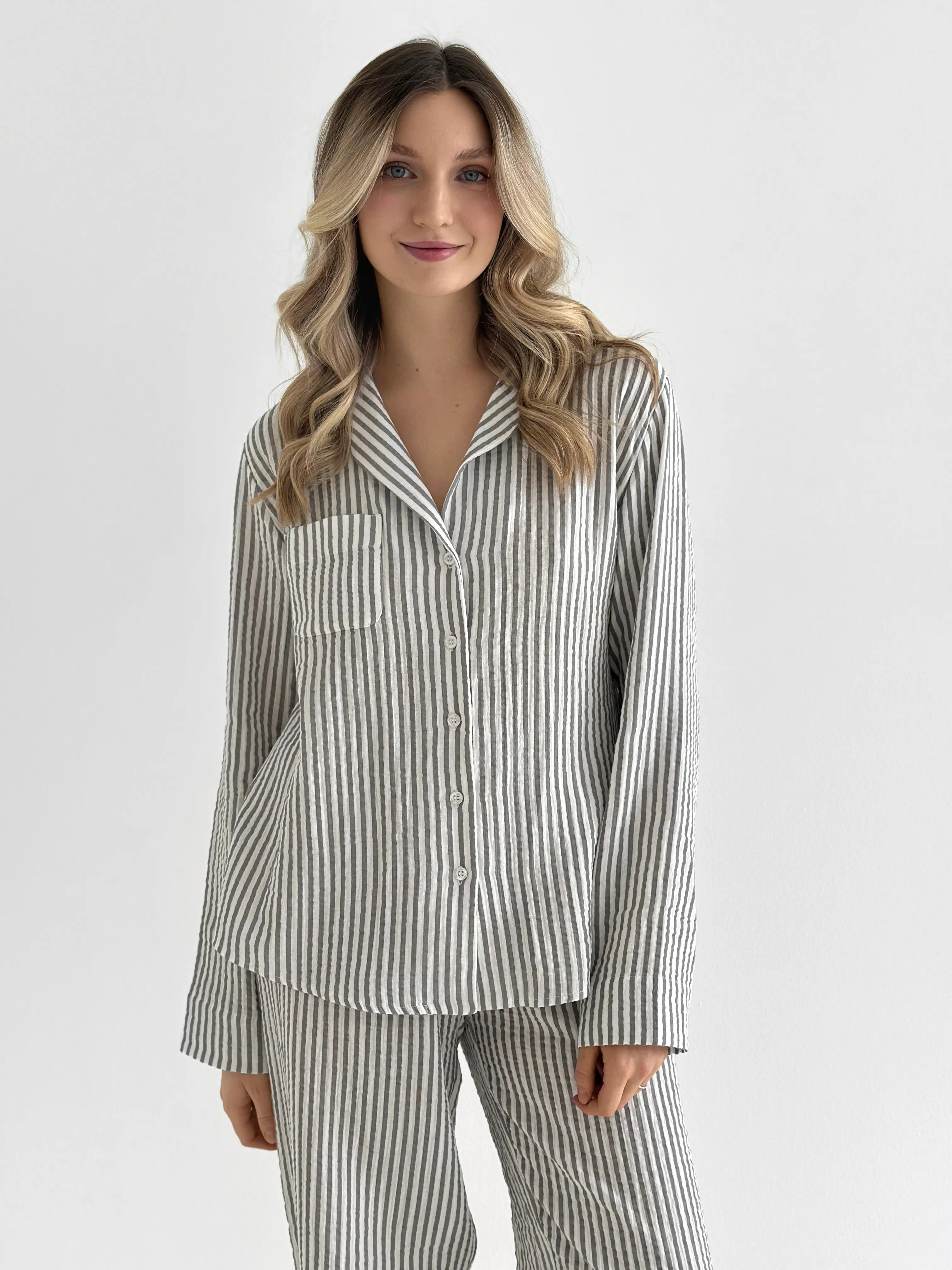 Dark gray striped muslin shirt and pants suit