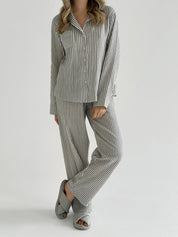 Dark gray striped muslin shirt and pants suit