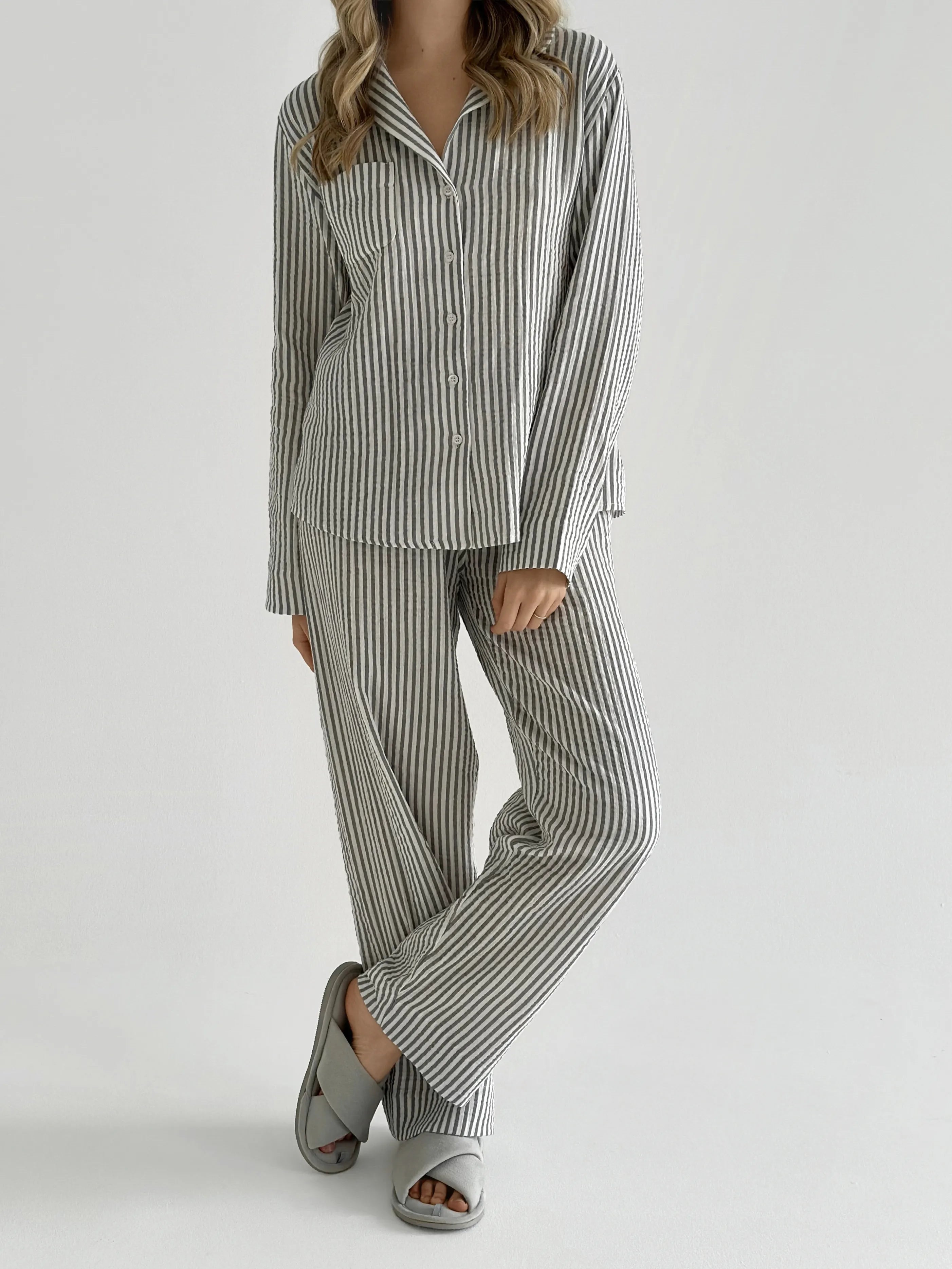 Dark gray striped muslin shirt and pants suit