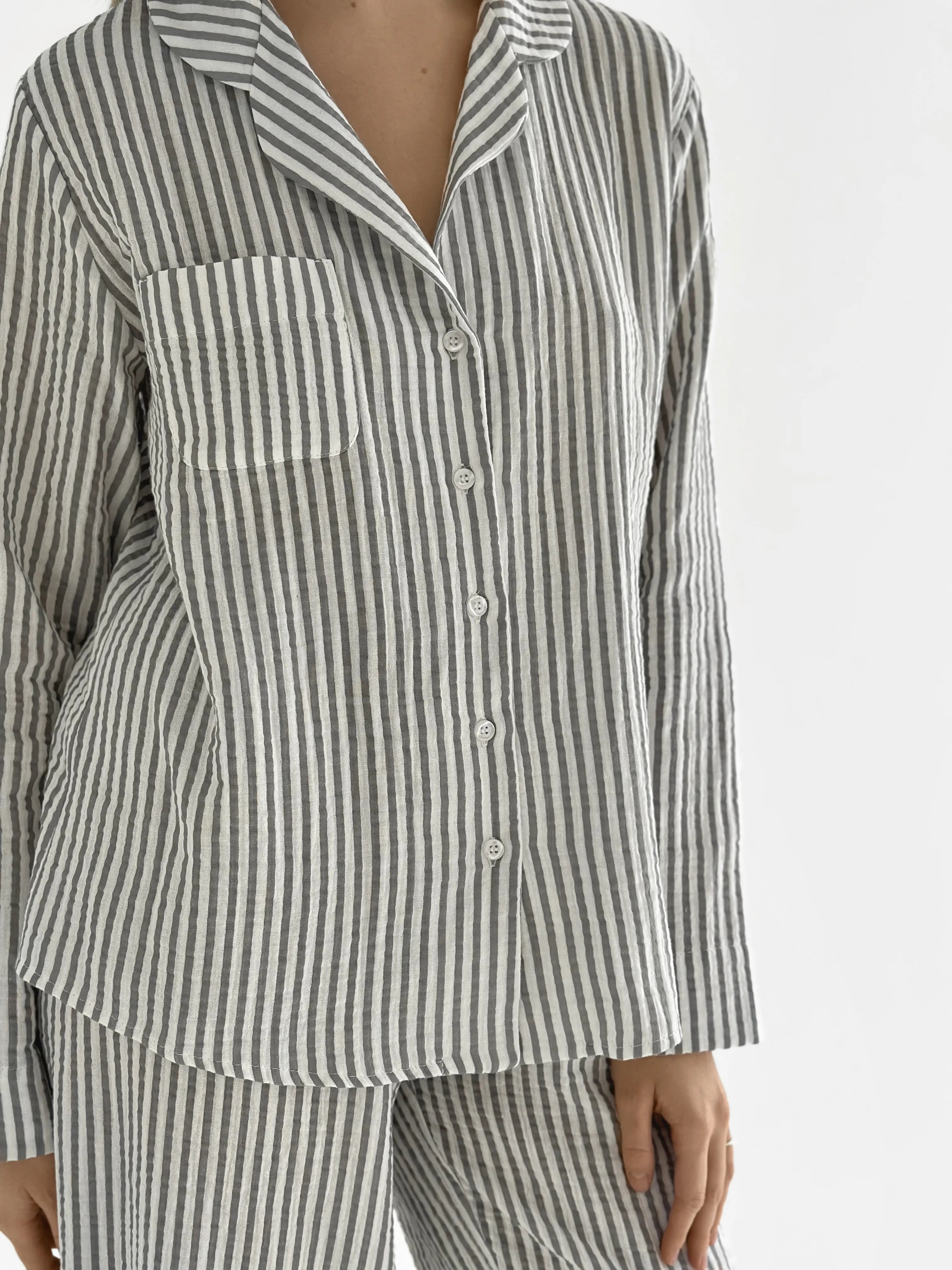 Dark gray striped muslin shirt and pants suit