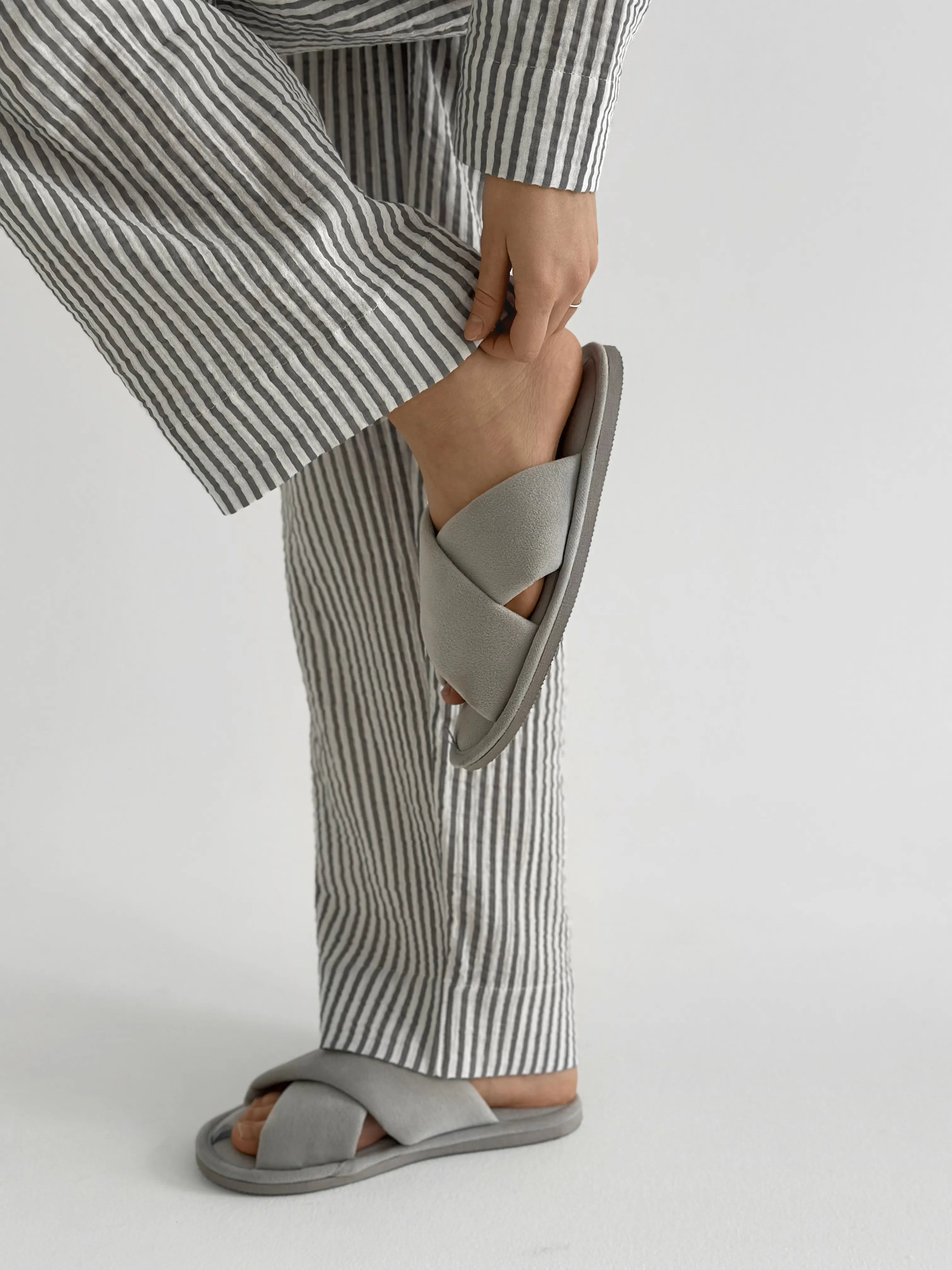 Dark gray striped muslin shirt and pants suit