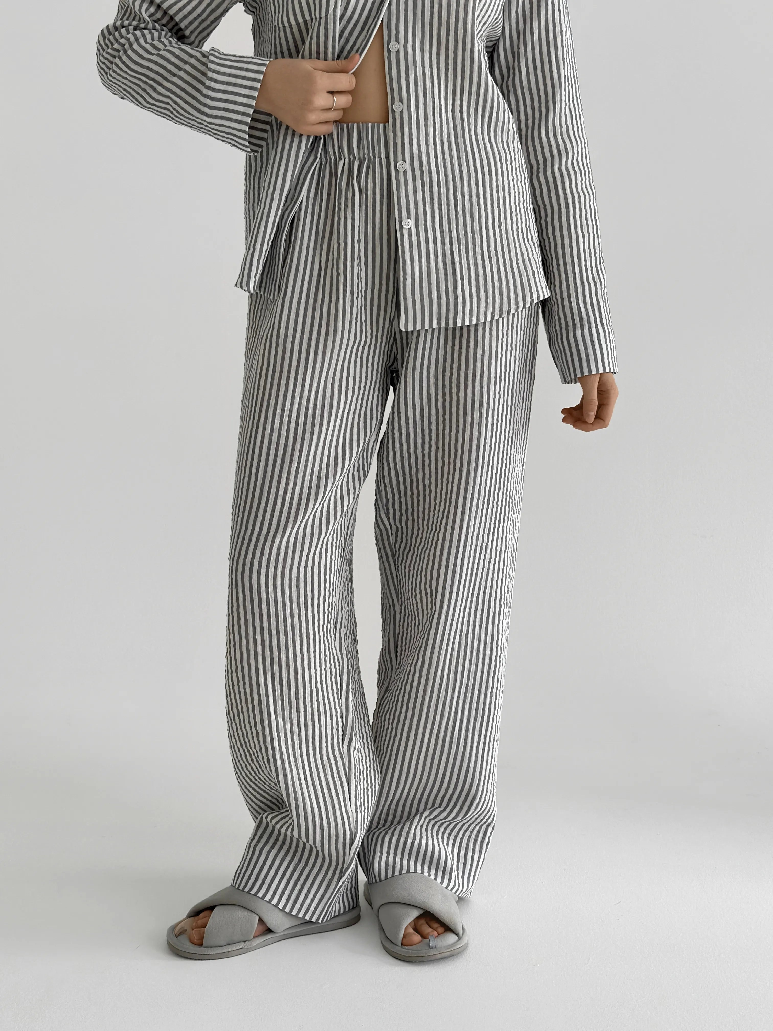 Dark gray striped muslin shirt and pants suit