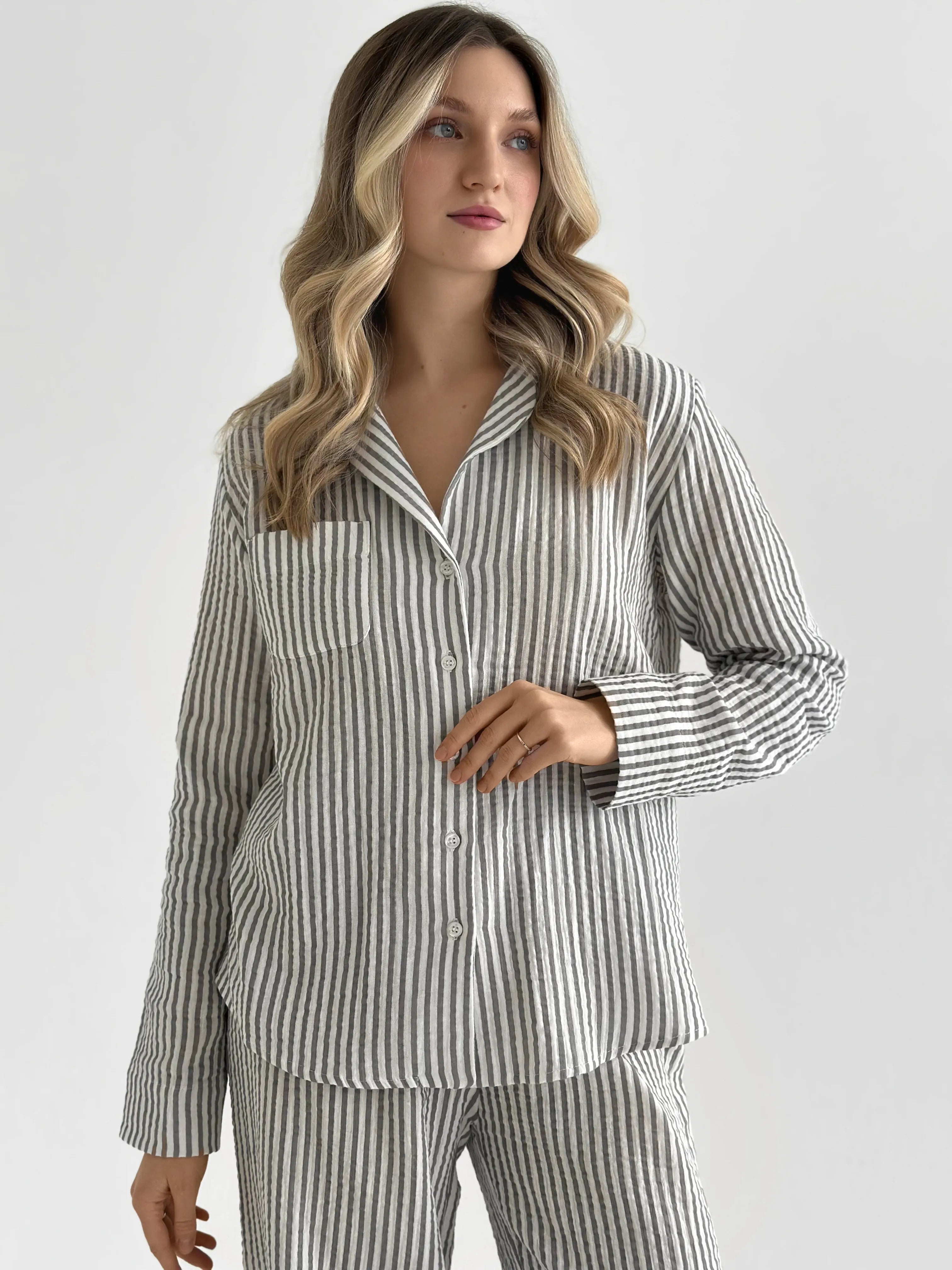 Dark gray striped muslin shirt and pants suit